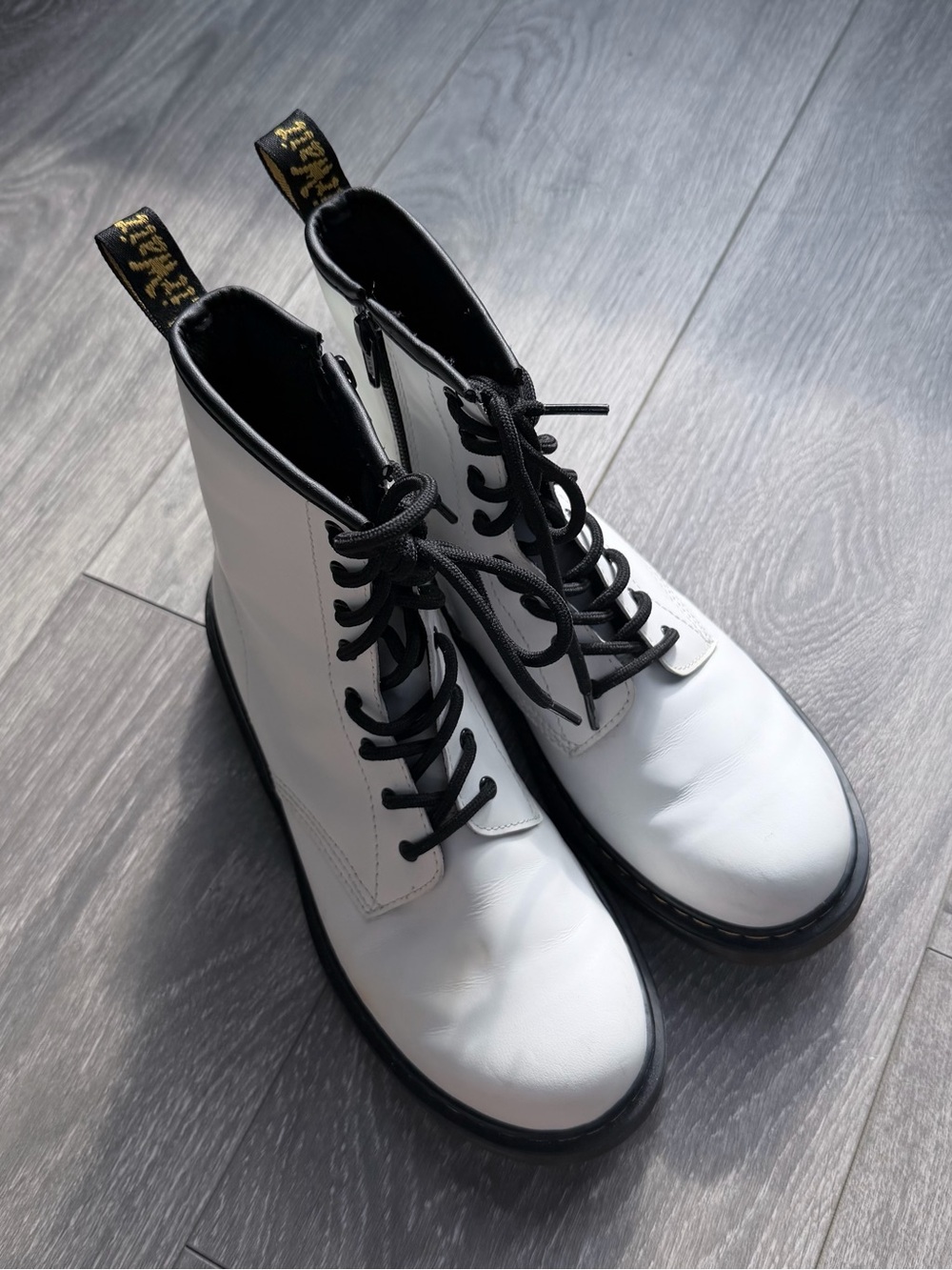 Dr. Martens White Leather Lace-Up Combat Boots with Black Trim